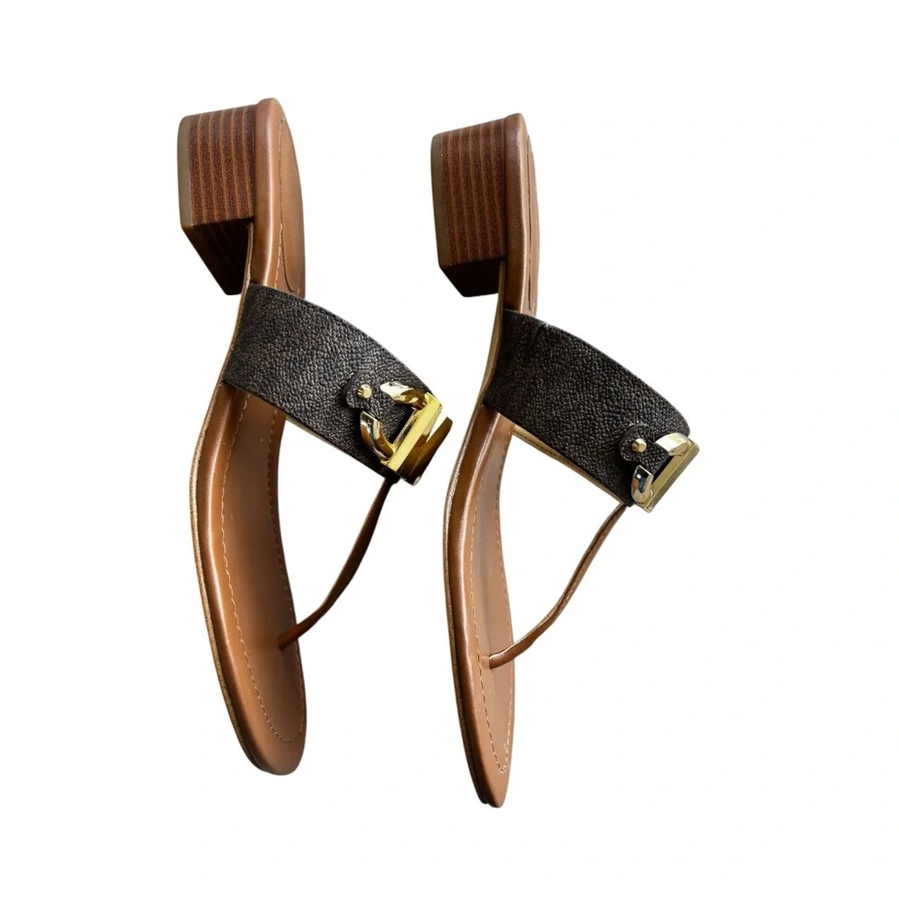 Michael Kors Sz 9 MK Izzy Logo Embellished Print Canvas Sandals - Picture 6 of 10